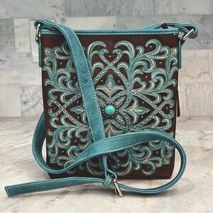 Brown & Turquoise Vegan Leather Láser Cut Scroll Southwest Crossbody Bag